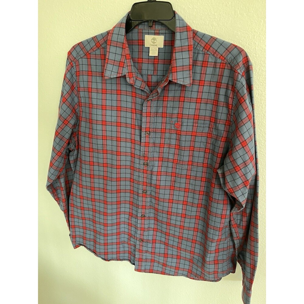 Timberland Men’s Plaid Button Down Men’s Shirt XL Red Gray Regular Fit Casual